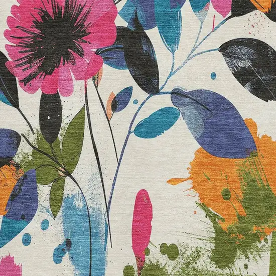 Ivory Blue Pink And Orange Floral Washable Area Rug With UV Protection Photo 2