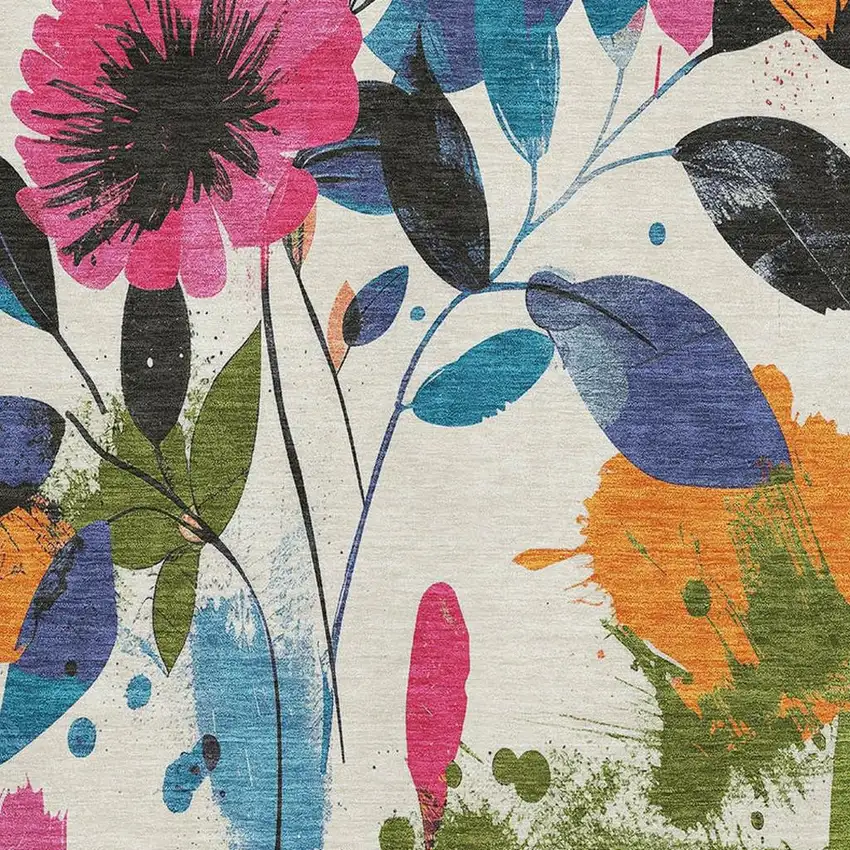 Ivory Blue Pink And Orange Floral Washable Area Rug With UV Protection Photo 2