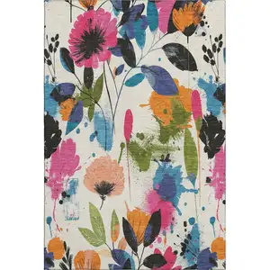 Photo of Ivory Blue Pink And Orange Floral Washable Area Rug With UV Protection