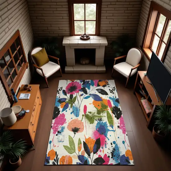 Ivory Blue Pink And Orange Floral Washable Area Rug With UV Protection Photo 5