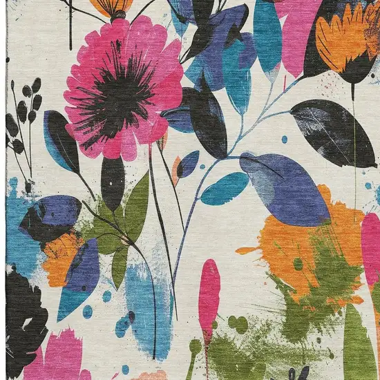 Ivory Blue Pink And Orange Floral Washable Area Rug With UV Protection Photo 3