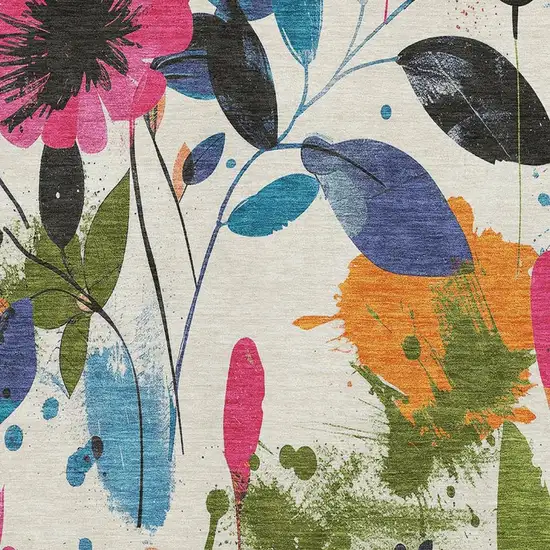 Ivory Blue Pink And Orange Floral Washable Area Rug With UV Protection Photo 2