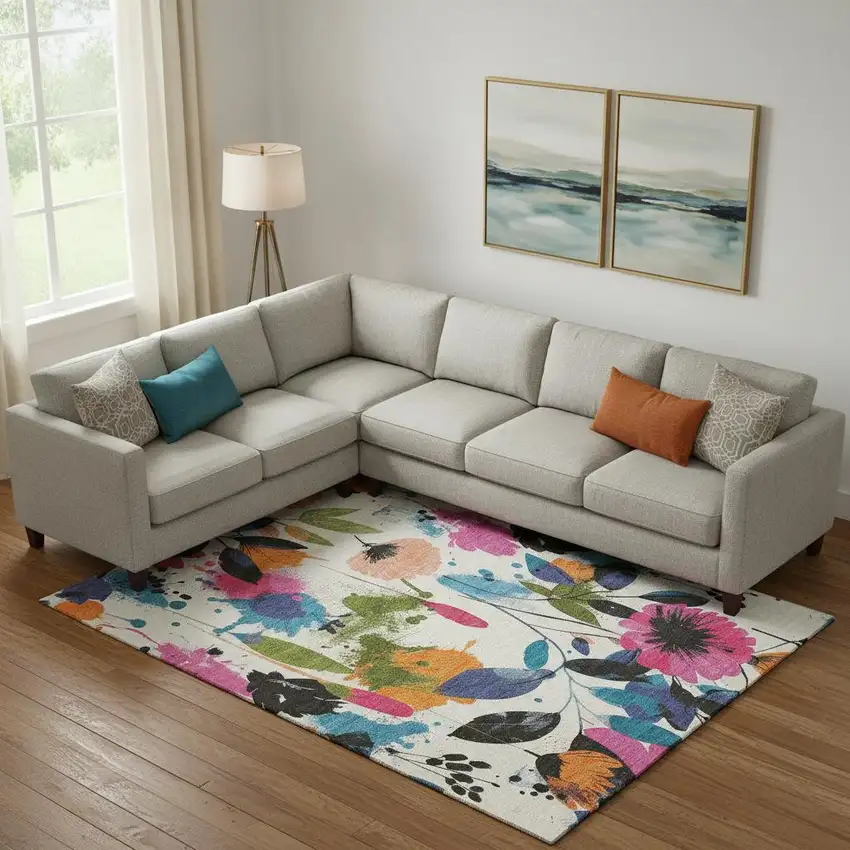 Ivory Blue Pink And Orange Floral Washable Area Rug With UV Protection Photo 2