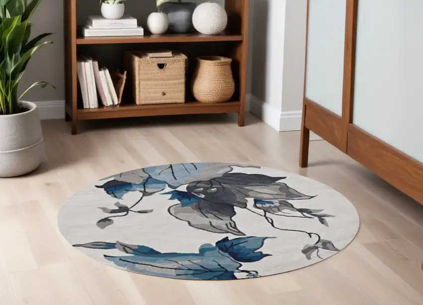 Ivory  Blue Polyester Rug Photo 1