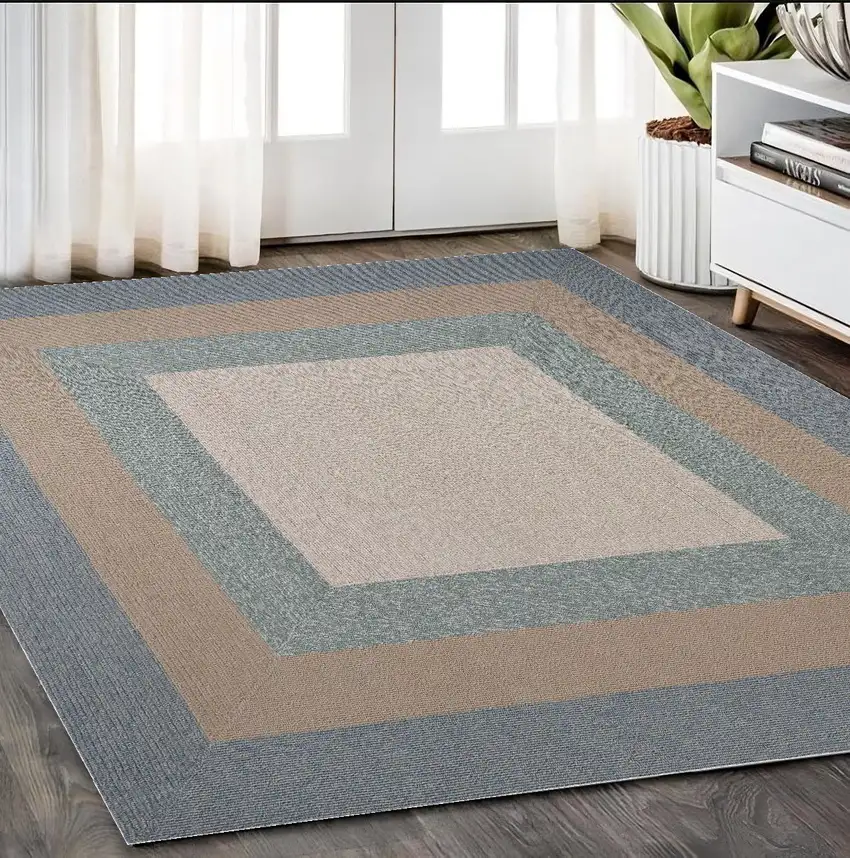 Ivory  Blue Polyester Rug Photo 1