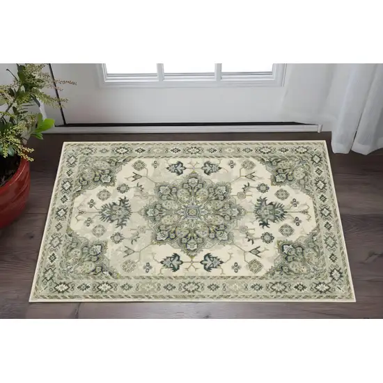 Ivory Blue Teal Grey And Olive Green Oriental Power Loom Stain Resistant Area Rug Photo 2