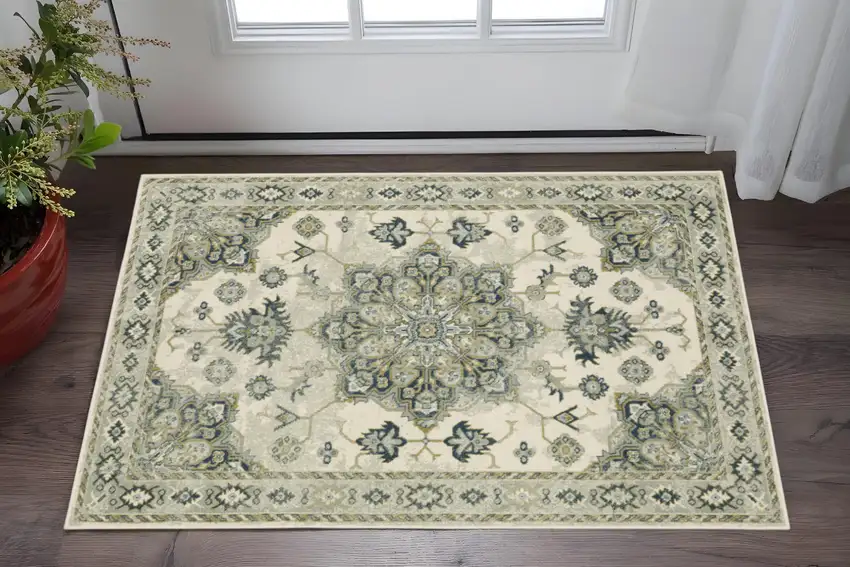 Ivory Blue Teal Grey And Olive Green Oriental Power Loom Stain Resistant Area Rug Photo 2