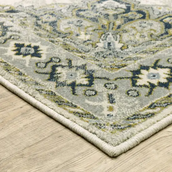 Ivory Blue Teal Grey And Olive Green Oriental Power Loom Stain Resistant Area Rug Photo 4