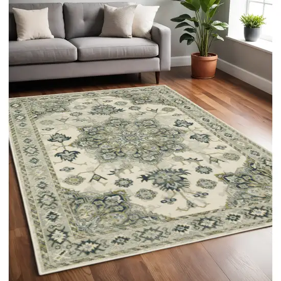 Ivory Blue Teal Grey And Olive Green Oriental Power Loom Stain Resistant Area Rug Photo 2