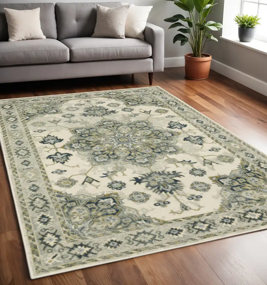 Ivory Blue Teal Grey And Olive Green Oriental Power Loom Stain Resistant Area Rug Photo 2