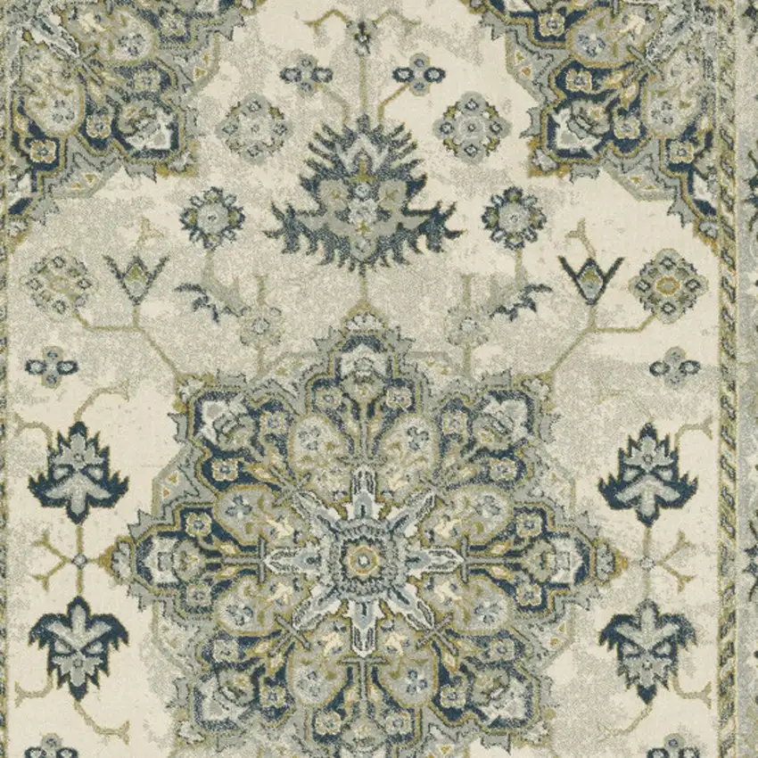 Ivory Blue Teal Grey And Olive Green Oriental Power Loom Stain Resistant Area Rug Photo 5