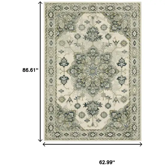 Ivory Blue Teal Grey And Olive Green Oriental Power Loom Stain Resistant Area Rug Photo 3