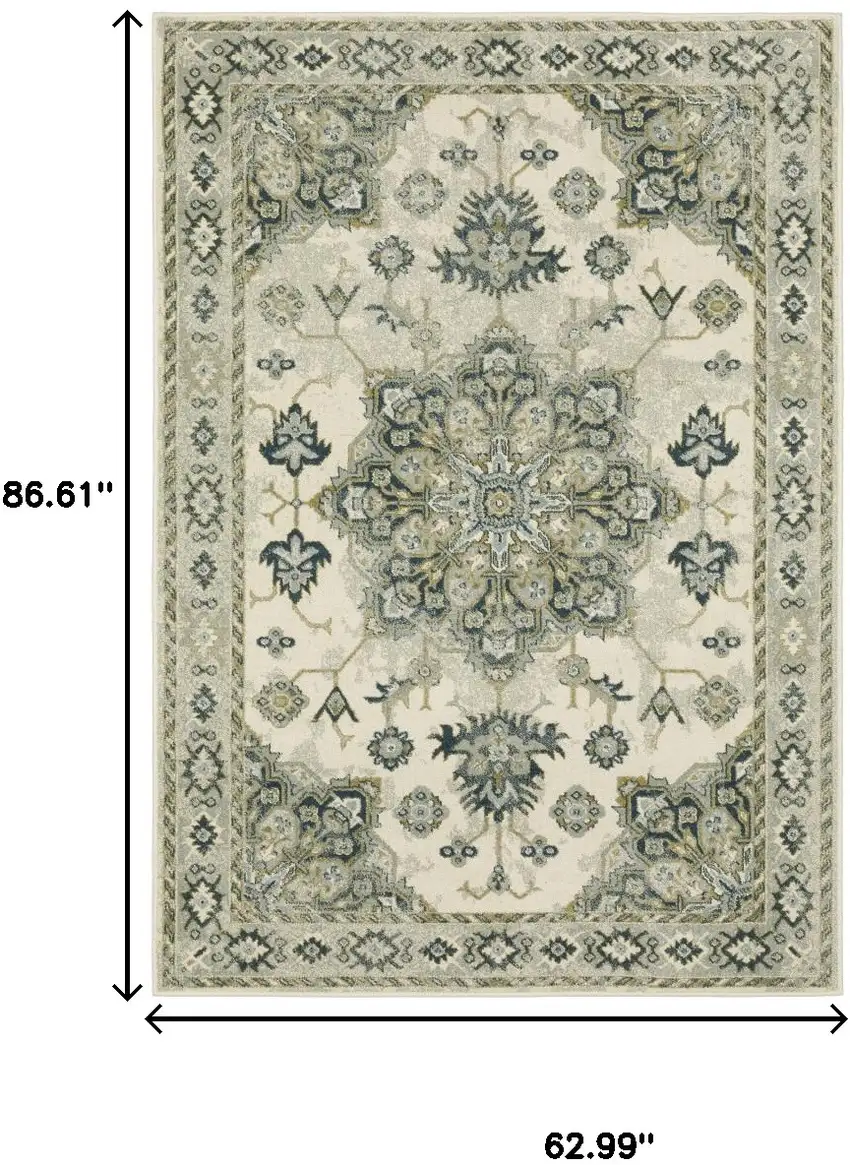 Ivory Blue Teal Grey And Olive Green Oriental Power Loom Stain Resistant Area Rug Photo 3