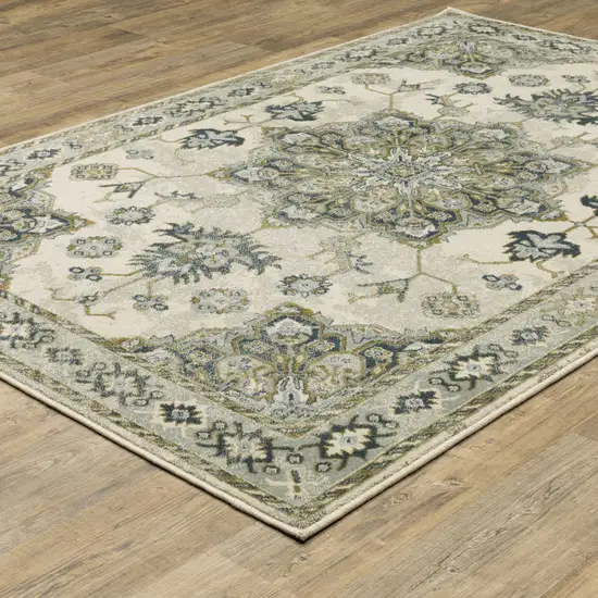 Ivory Blue Teal Grey And Olive Green Oriental Power Loom Stain Resistant Area Rug Photo 5