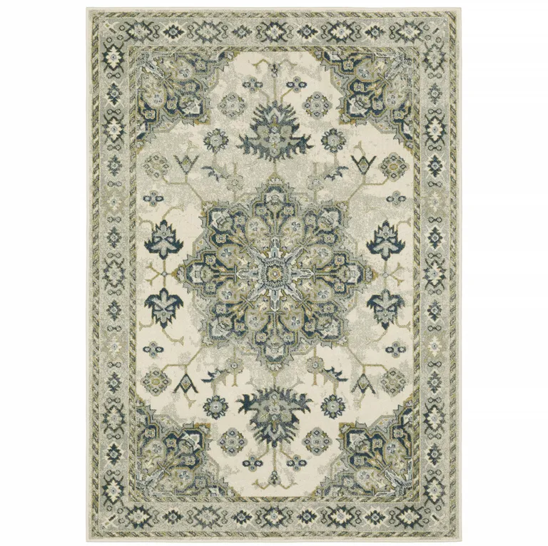 Ivory Blue Teal Grey And Olive Green Oriental Power Loom Stain Resistant Area Rug Photo 2