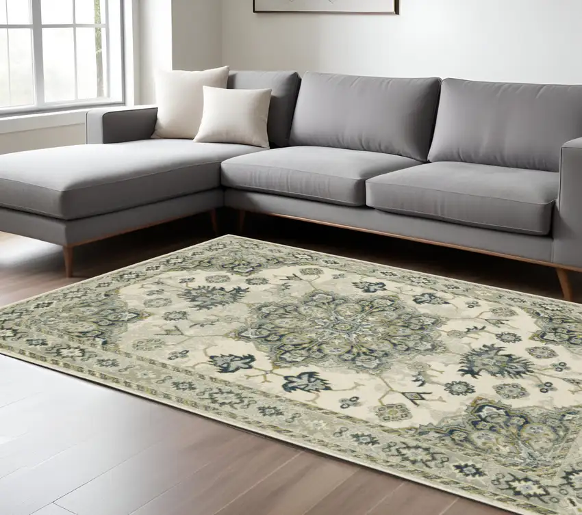 Ivory And Blue Oriental Distressed Area Rug Photo 1
