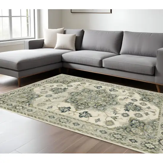 Ivory Blue Teal Grey And Olive Green Oriental Power Loom Stain Resistant Area Rug Photo 2