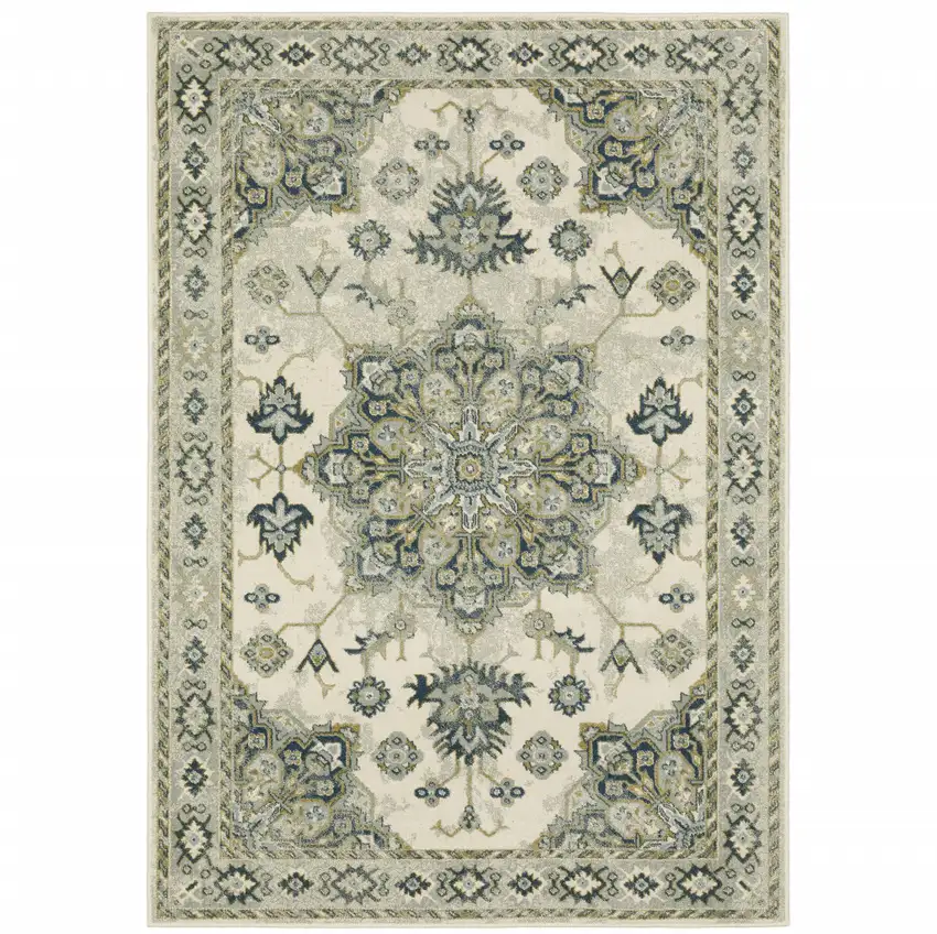 Ivory Blue Teal Grey And Olive Green Oriental Power Loom Stain Resistant Area Rug Photo 2