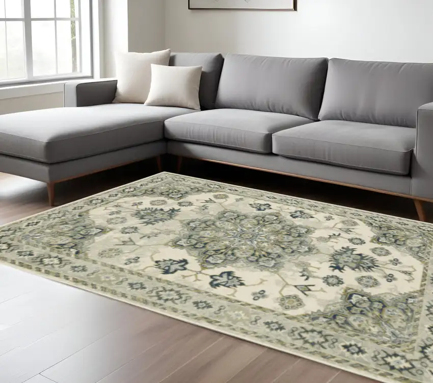 Ivory Blue Teal Grey And Olive Green Oriental Power Loom Stain Resistant Area Rug Photo 2