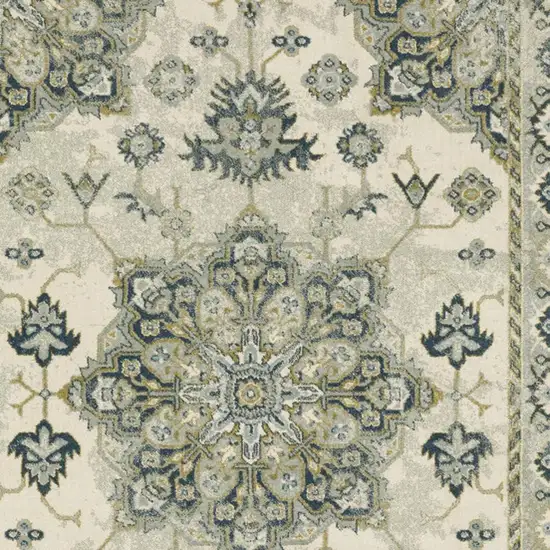 Ivory Blue Teal Grey And Olive Green Oriental Power Loom Stain Resistant Area Rug Photo 6