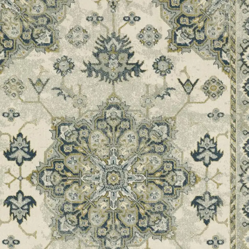 Ivory Blue Teal Grey And Olive Green Oriental Power Loom Stain Resistant Area Rug Photo 6