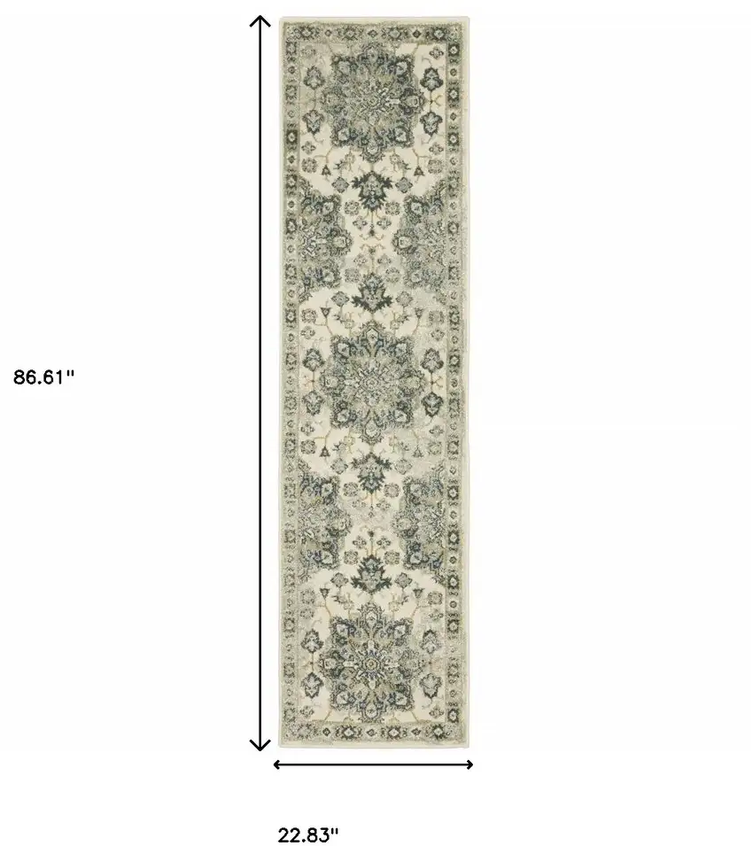 Ivory Blue Teal Grey And Olive Green Oriental Power Loom Stain Resistant Runner Rug Photo 9