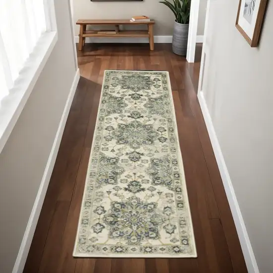 2' X 8' Ivory Blue Teal Grey And Olive Green Oriental Power Loom Stain Resistant Runner Rug Photo 1