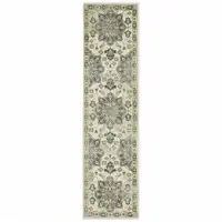 Photo of Ivory Blue Teal Grey And Olive Green Oriental Power Loom Stain Resistant Runner Rug