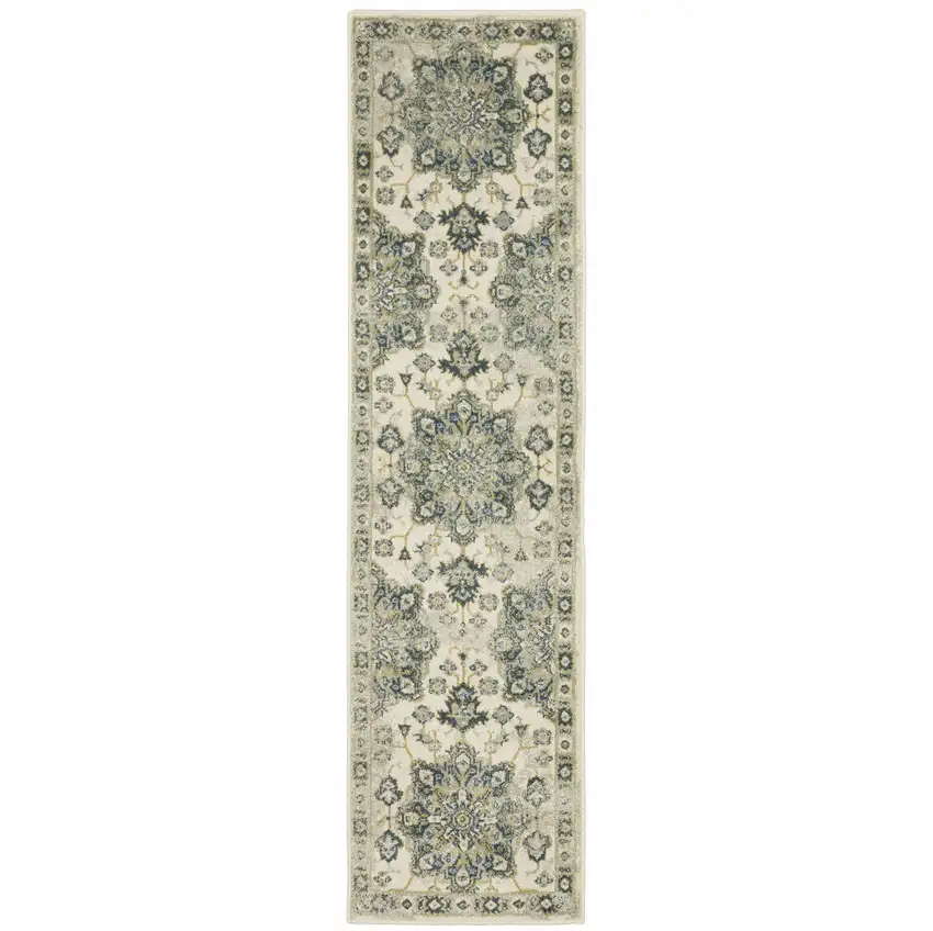 Ivory Blue Teal Grey And Olive Green Oriental Power Loom Stain Resistant Runner Rug Photo 1