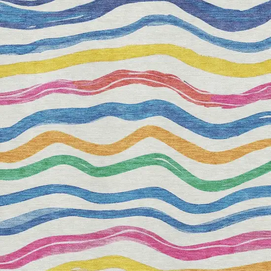 Ivory Blue Yellow And Pink Striped Washable Area Rug With UV Protection Photo 2