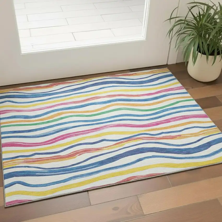 Ivory Blue Yellow And Pink Striped Washable Area Rug With UV Protection Photo 2