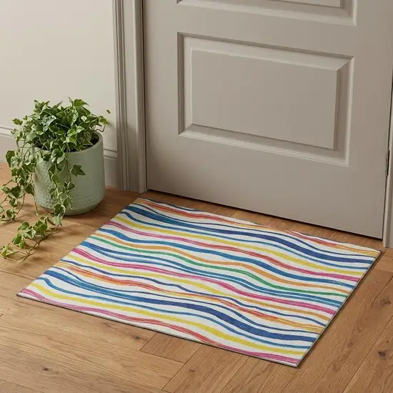 Ivory Blue Yellow And Pink Striped Washable Area Rug With UV Protection Photo 1