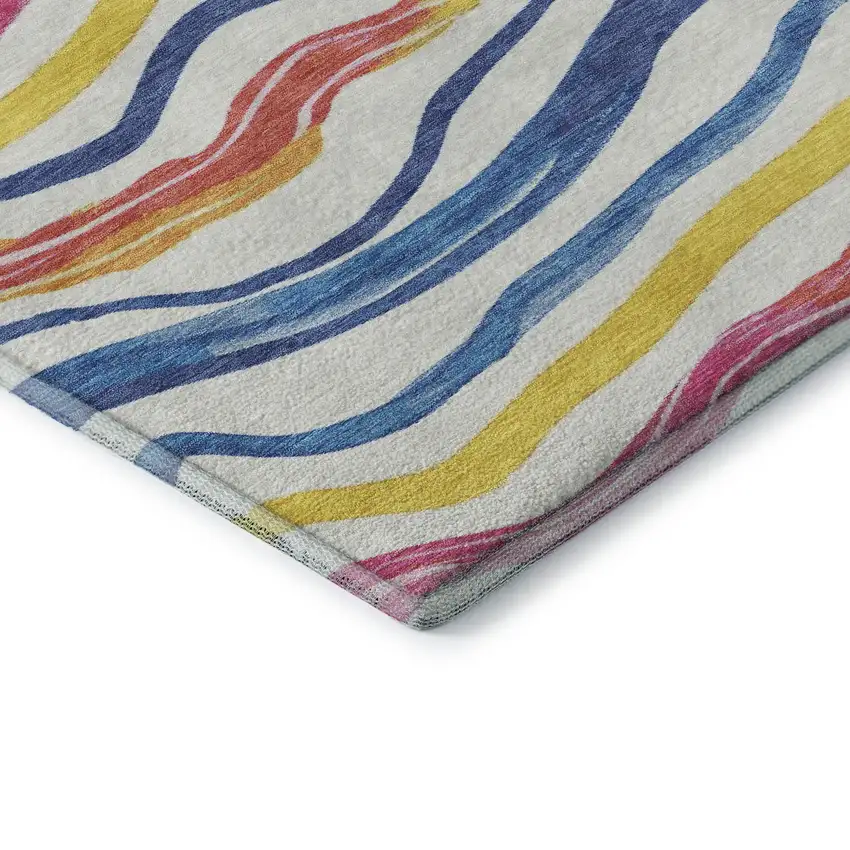 Ivory Blue Yellow And Pink Striped Washable Area Rug With UV Protection Photo 7