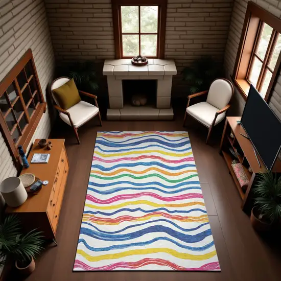 Ivory Blue Yellow And Pink Striped Washable Area Rug With UV Protection Photo 4
