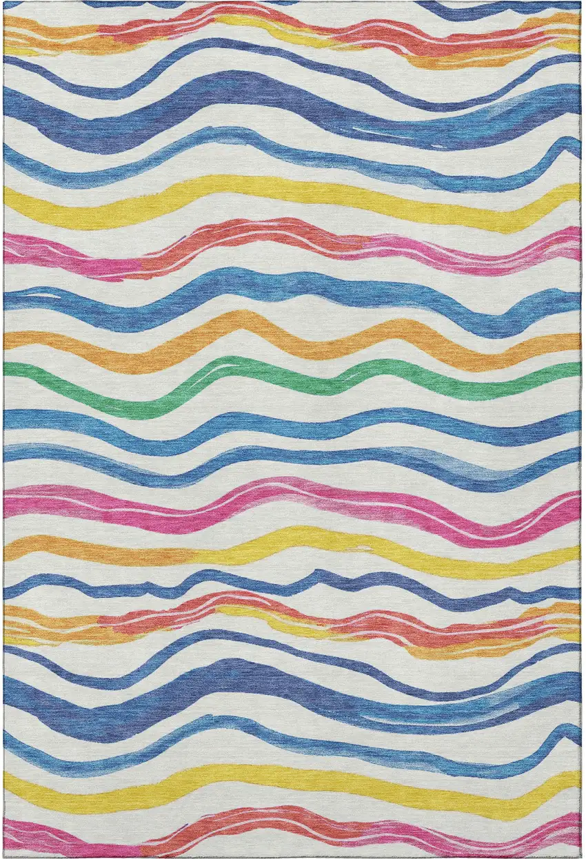 Ivory Blue Yellow And Pink Striped Washable Area Rug With UV Protection Photo 3