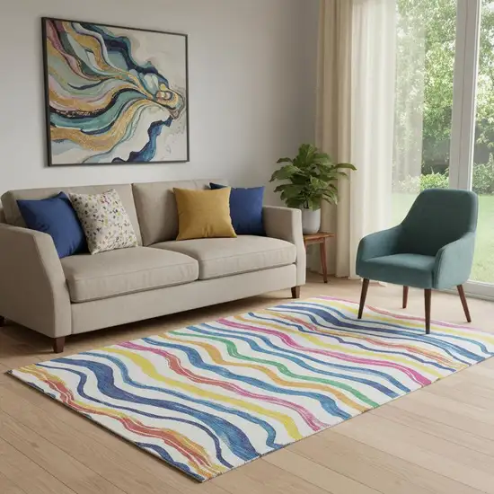 Ivory Blue Yellow And Pink Striped Washable Area Rug With UV Protection Photo 2
