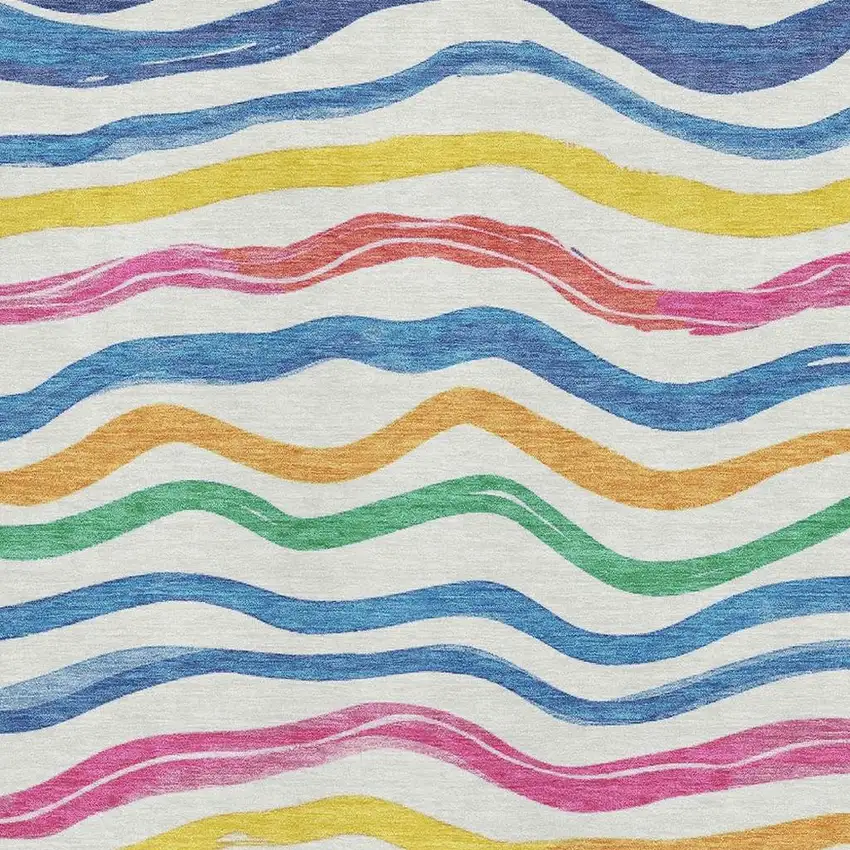 Ivory Blue Yellow And Pink Striped Washable Area Rug With UV Protection Photo 2