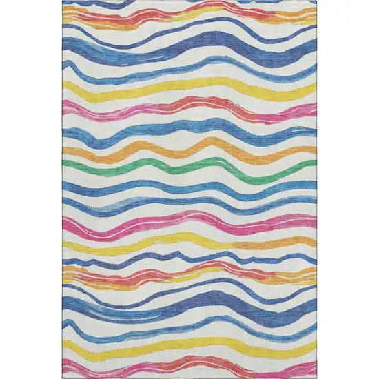 Ivory Blue Yellow And Pink Striped Washable Area Rug With UV Protection Photo 1