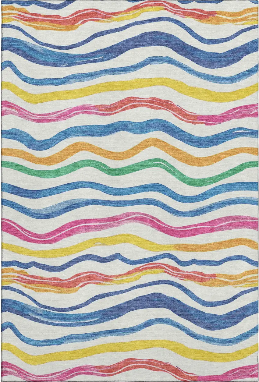 Ivory Blue Yellow And Pink Striped Washable Area Rug With UV Protection Photo 1