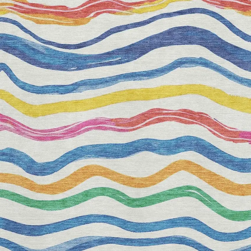 Ivory Blue Yellow And Pink Striped Washable Area Rug With UV Protection Photo 2