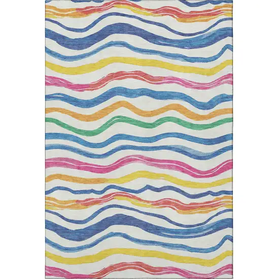 Ivory Blue Yellow And Pink Striped Washable Area Rug With UV Protection Photo 3