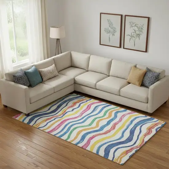 Ivory Blue Yellow And Pink Striped Washable Area Rug With UV Protection Photo 2