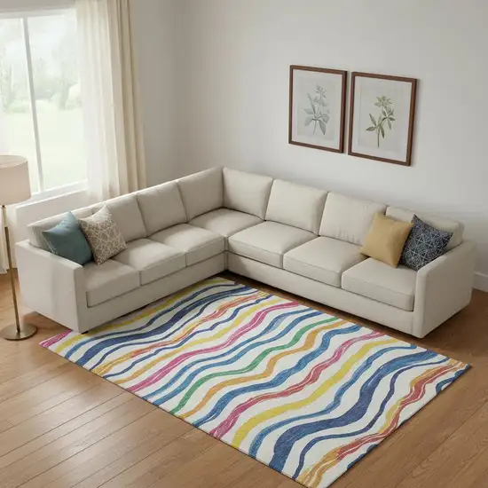 Ivory Blue Yellow And Pink Striped Washable Area Rug With UV Protection Photo 2