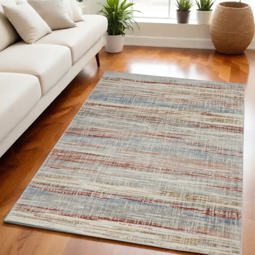 Ivory Blue and Brown Abstract Non Skid Area Rug Photo 1