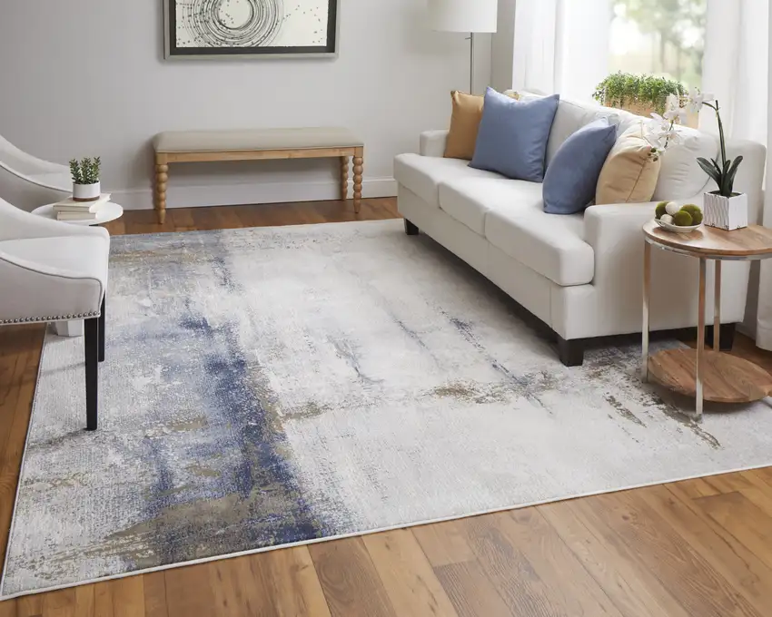 Ivory Blue and Brown Abstract Power Loom Area Rug Photo 9