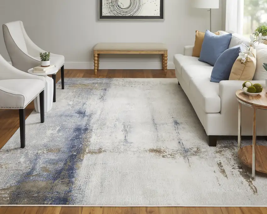Ivory Blue and Brown Abstract Power Loom Area Rug Photo 7