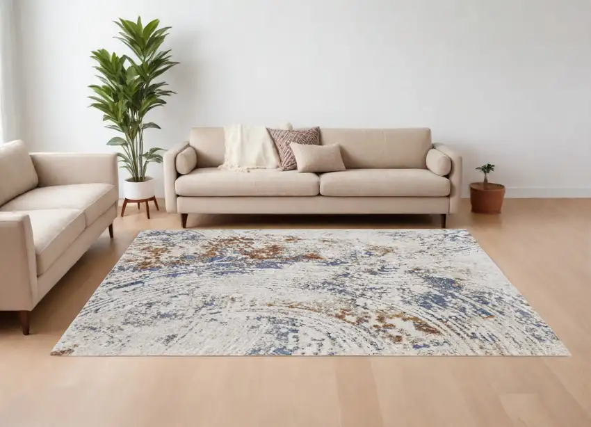Ivory Blue and Brown Abstract Power Loom Area Rug Photo 1