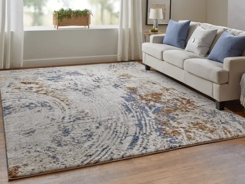 Ivory Blue and Brown Abstract Power Loom Area Rug Photo 9