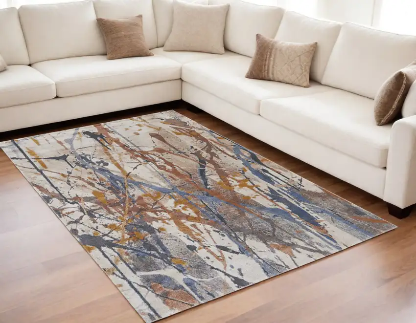 Ivory Blue and Brown Abstract Power Loom Area Rug Photo 1