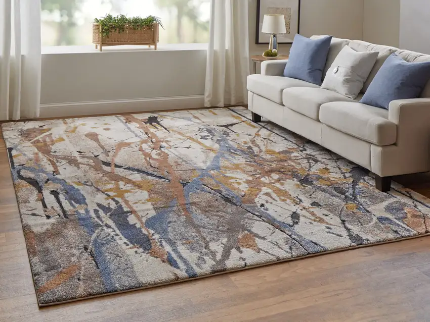 Ivory Blue and Brown Abstract Power Loom Area Rug Photo 9